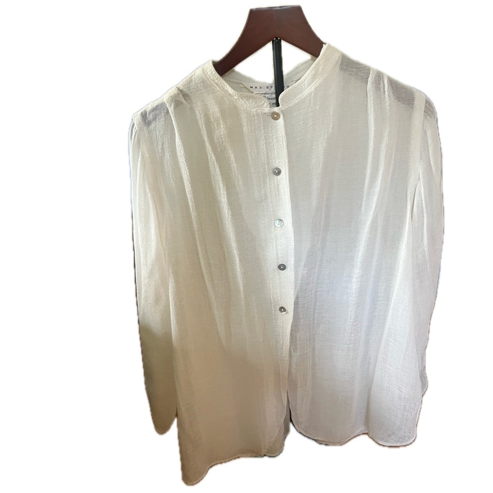 Vintage 70s Max Studio Women Cream Rayon Band Collar Button Up Blouse Sz 2